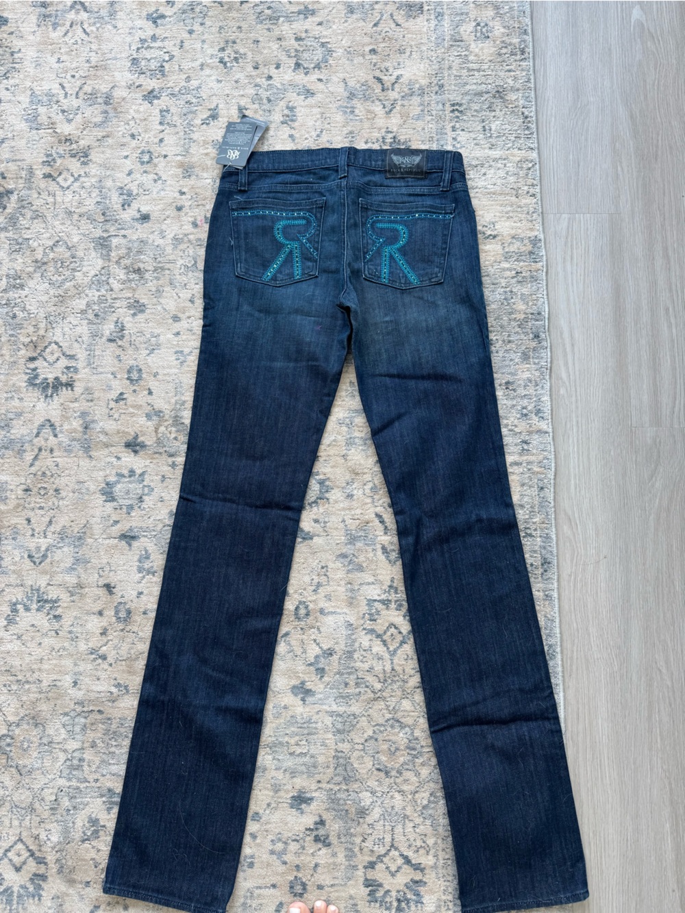 Rock & Republic Dark Indigo Straight Leg Jeans with Teal Pocket Stitching